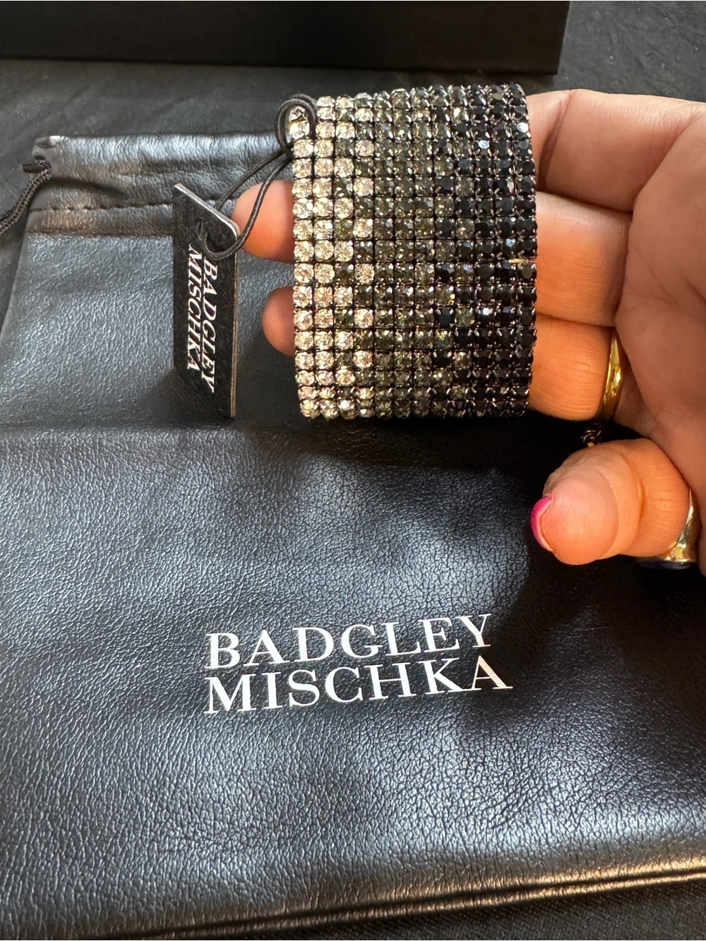 Badgley Mischka Black and Silver Crystal Stretch Bracelet - Picture 2 of 5
